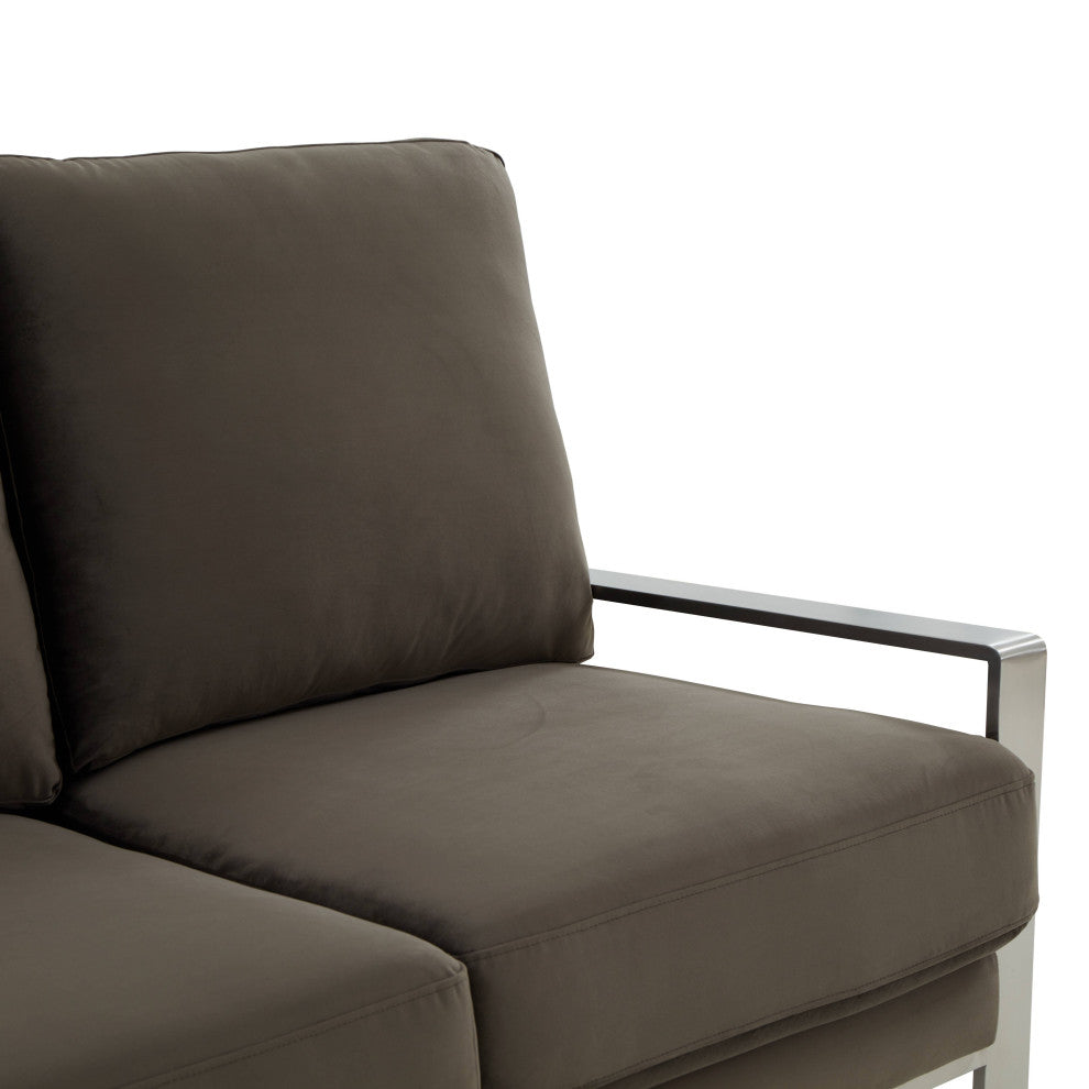 LeisureMod Jefferson Modern Design Velvet Sofa With Silver Frame, Dark Gray