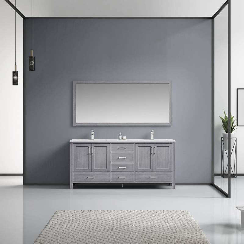 Jacques 72" Distressed Grey Double Sink Vanity with Quartz Top, With Mirror