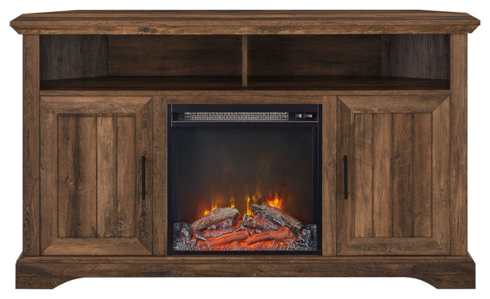 Coastal Grooved Door Fireplace Corner TV Stand for TVs up to 60"? - Rustic Oak