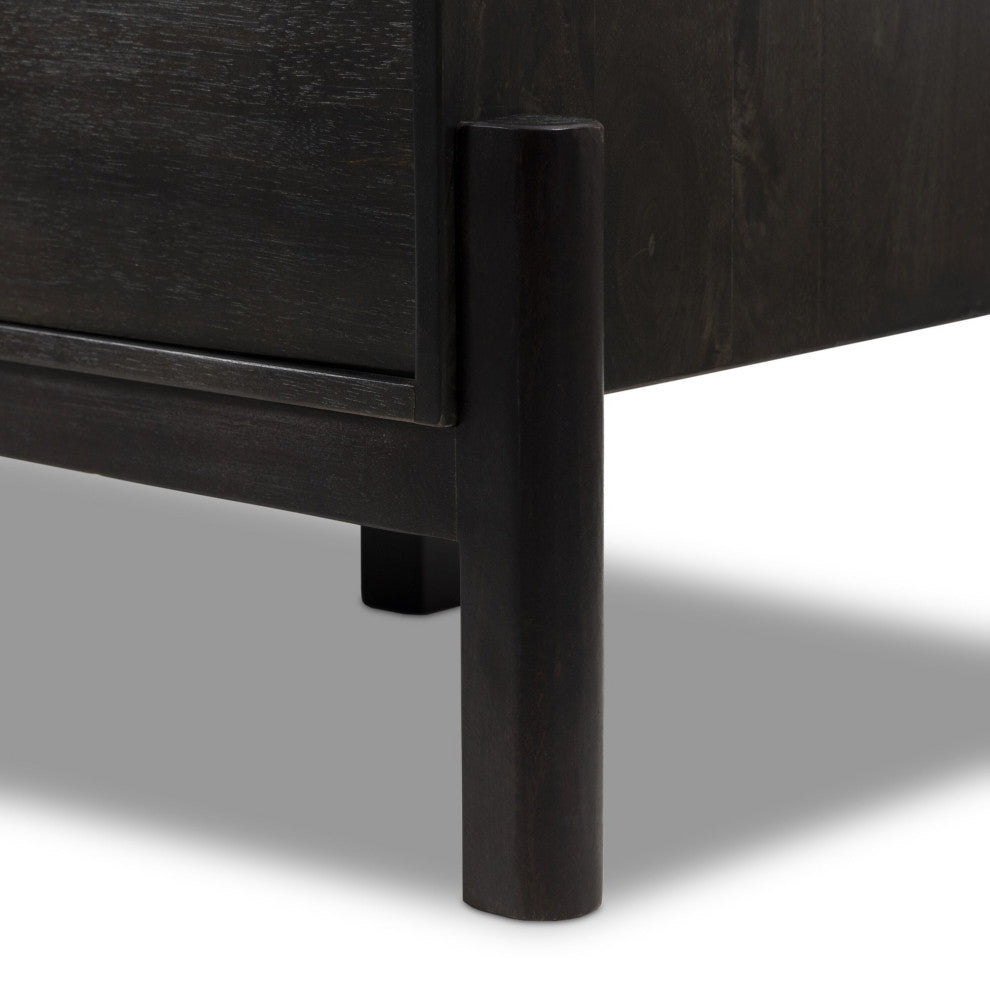 Reza Media Console Worn Black Parawood, Gunmetal Black, Worn Black Acacia