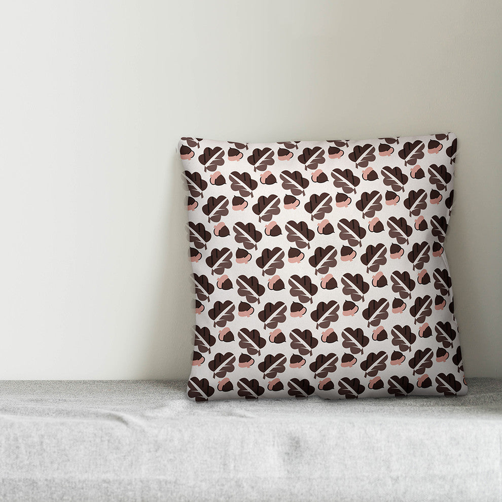 Acorns and Leaves Pattern, Brown Throw Pillow Cover, 18"x18"
