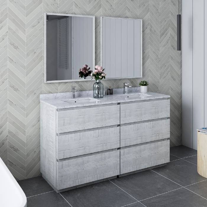 Fresca Formosa Modern 60" Rustic White Double Sink Vanity Set, Faucet Fft3071ch