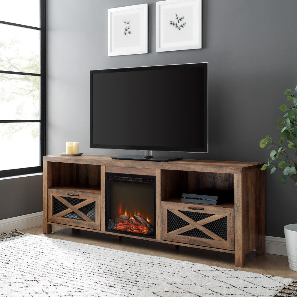 70" Rustic Farmhouse Fireplace TV Stand, Rustic Oak