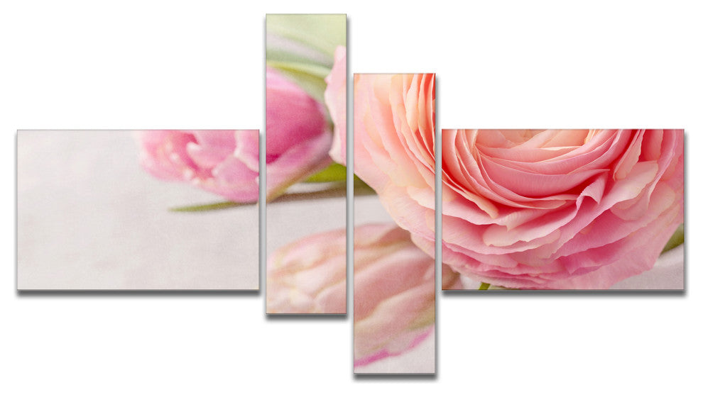 Full Bloom and Blooming Flowers, Floral Canvas Art Print, 60"x32", 4 panels