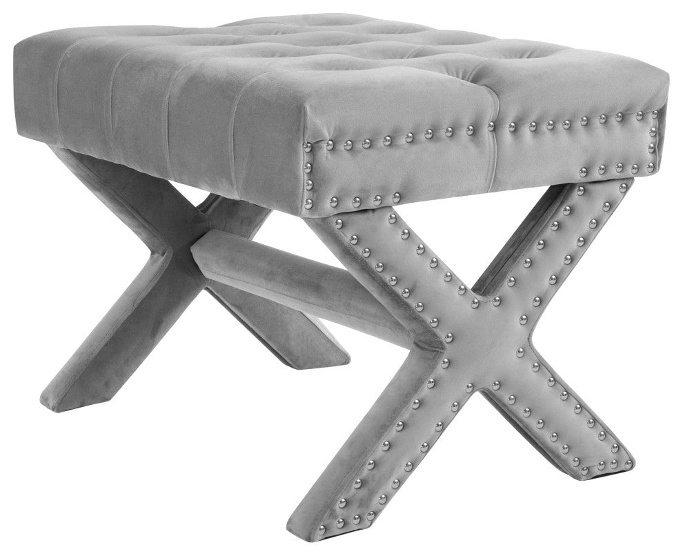 Paola Velvet Button Tufted Silver Nailhead Trim X-Leg Ottoman, Light Gray