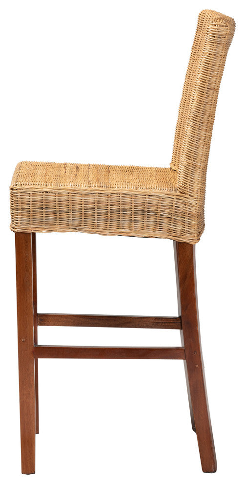 Magda Natural Rattan and Mahogany Bar Stool