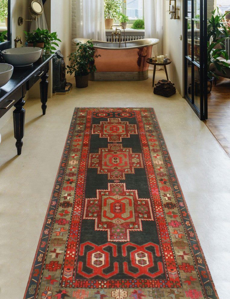 Fine Vintage Distressed Gianna Charcoal/Beige Runner, 3'7x10'4