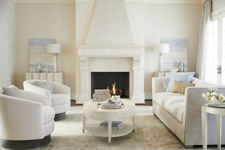 Lifestyle shot in a living room with fireplace; product shown within a room context.