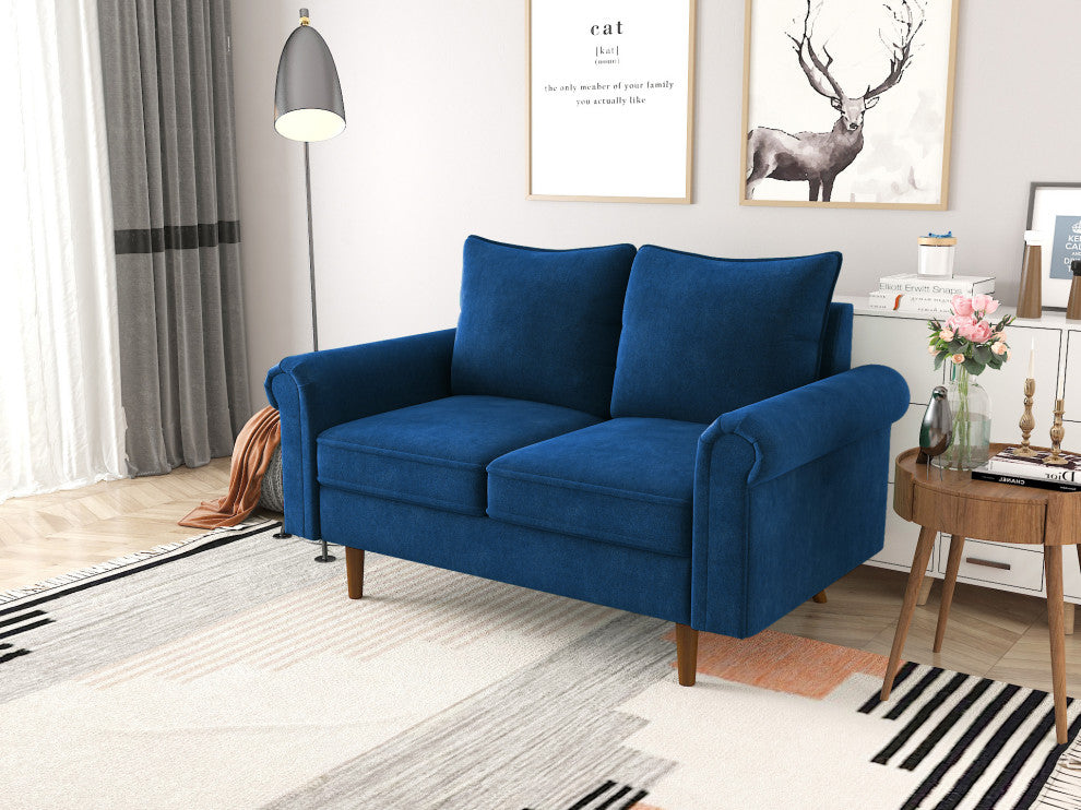 The Delta II Velvet Rolled Arm Loveseat, Dark Blue