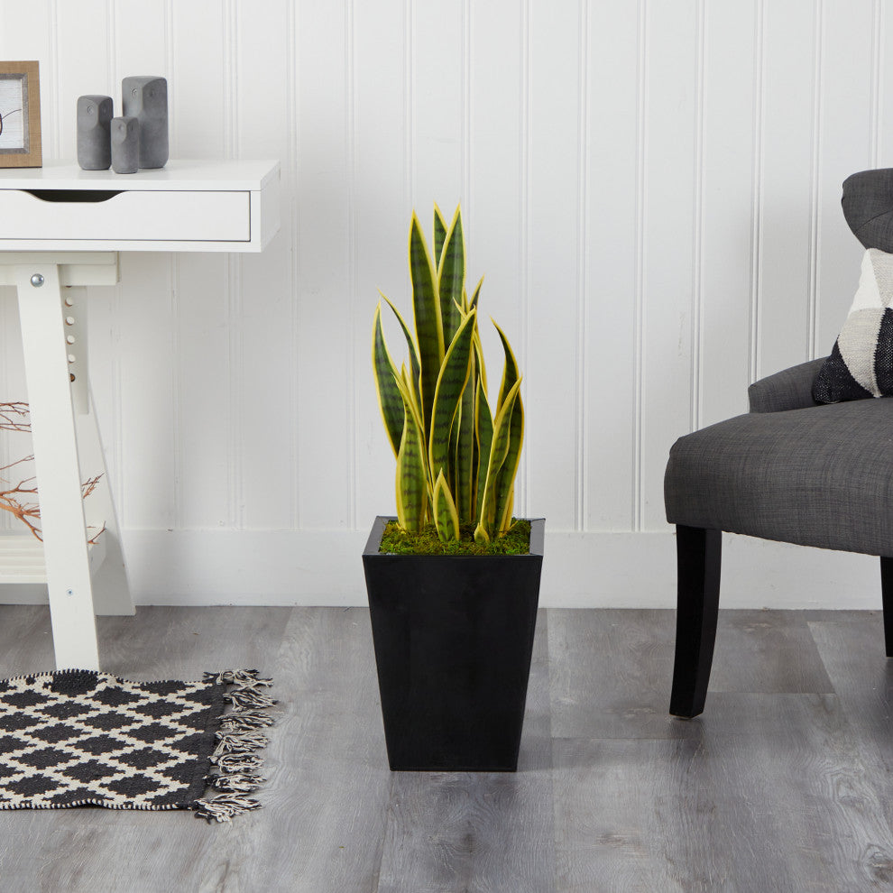 31" Sansevieria Artificial Plant, Metal Planter