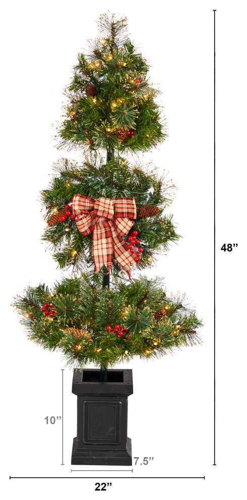 4' Xmas Faux Topiary Tree W/Ribbon, Berries, Lights & Bendable Branches, Planter