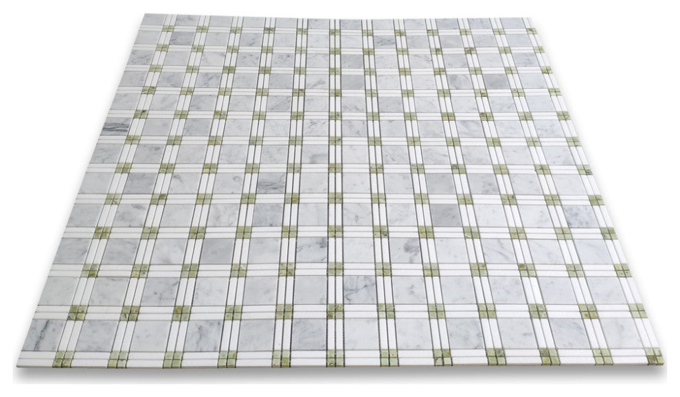 Carrara White Marble Plaid Tartan Mosaic Tile Green Jade Thassos Honed, 1 sheet