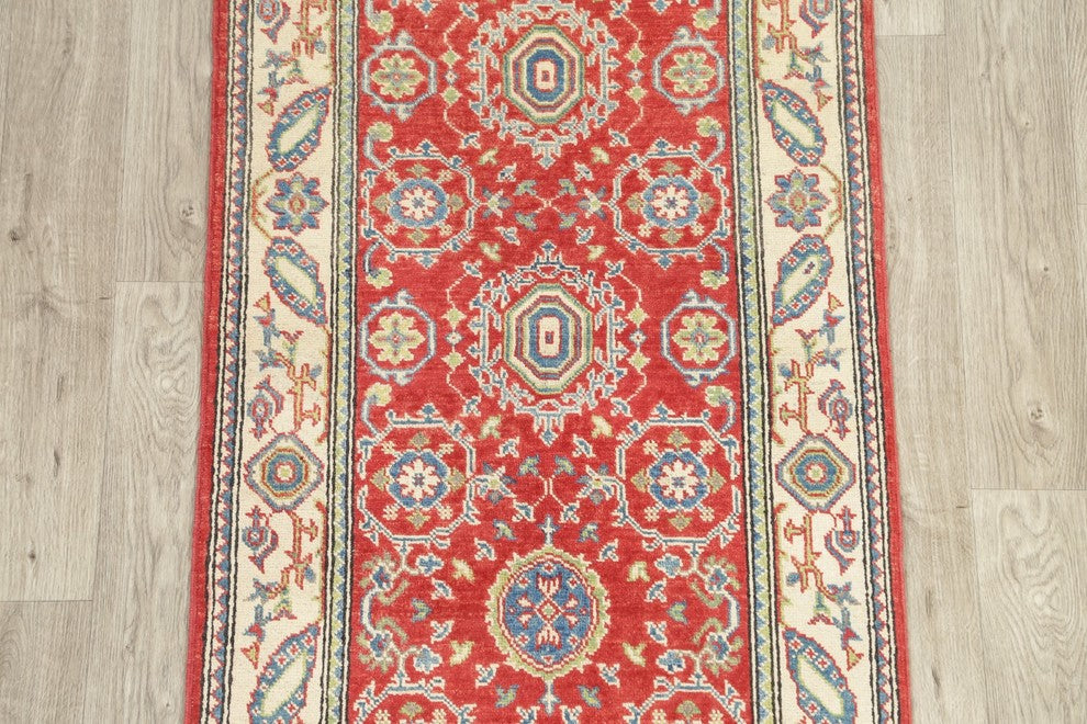 Hand Made Wool Pakistani Oriental Traditional Kazak Runner Rug, Red, 9'6"X2'8"