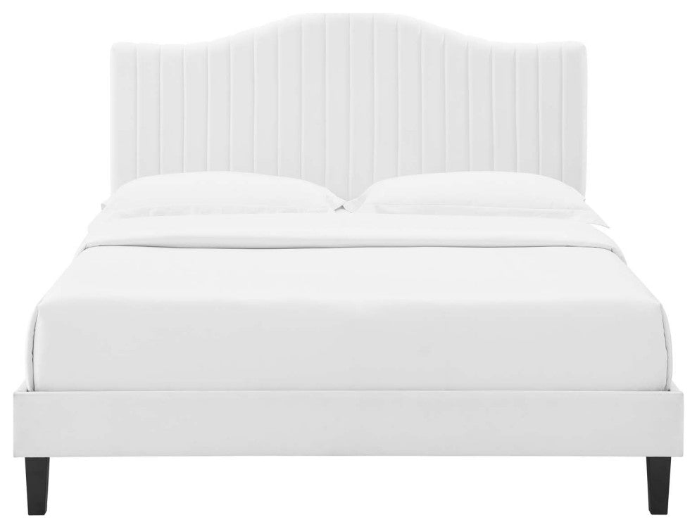 Tufted Platform Bed Frame, Queen Size, Velvet, White, Modern Contemporary