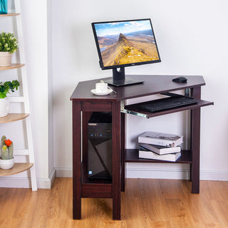 Costway Wooden Corner Desk With Drawer Computer PC Table Office Room Brown