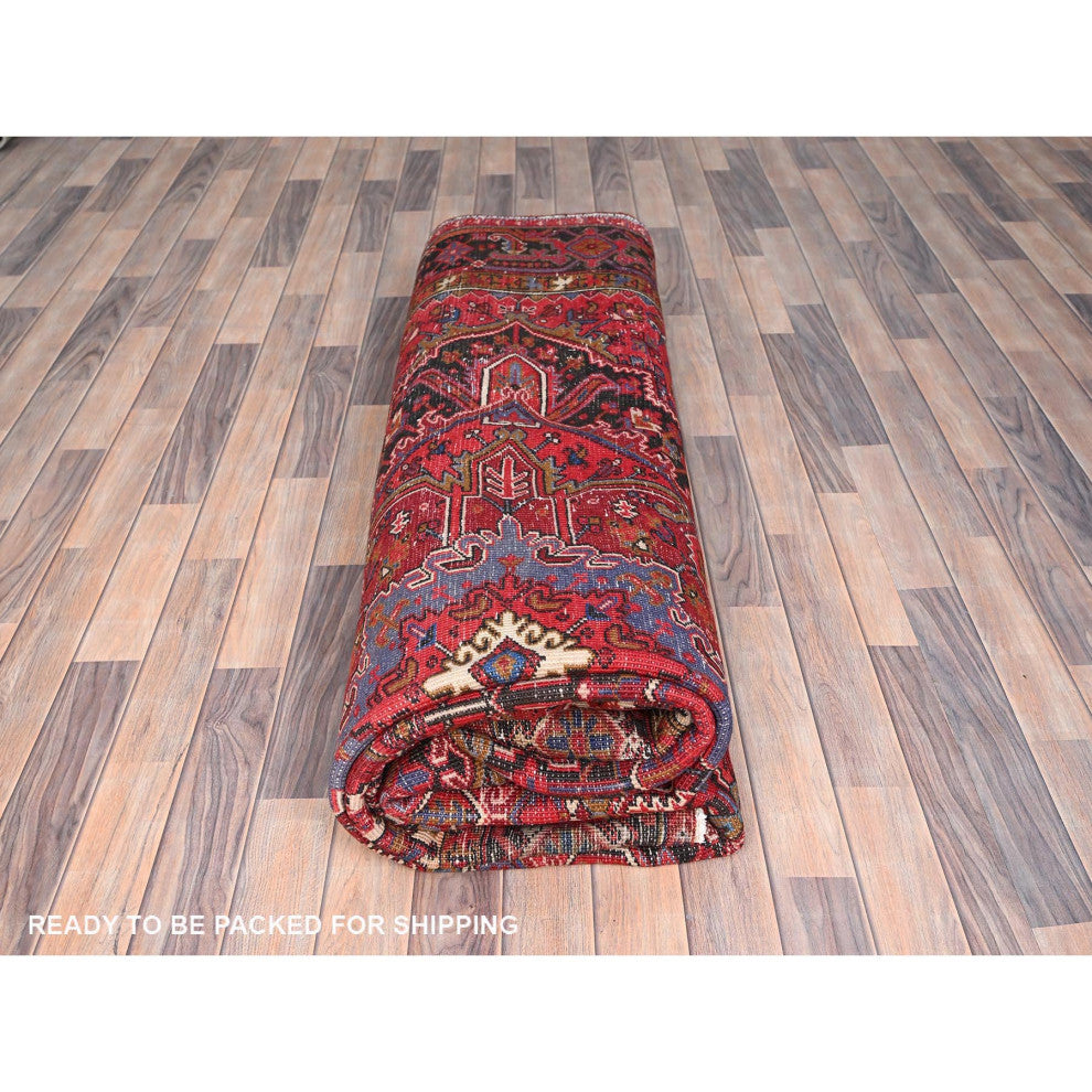 Imperial Red Pure Wool Hand Knotted Semi Antique Persian Heriz Rug 9'8"x12'9"