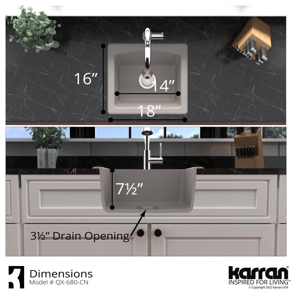 Karran Drop-in or Undermount Quartz 18" Single Bowl Kitchen Sink, Concrete