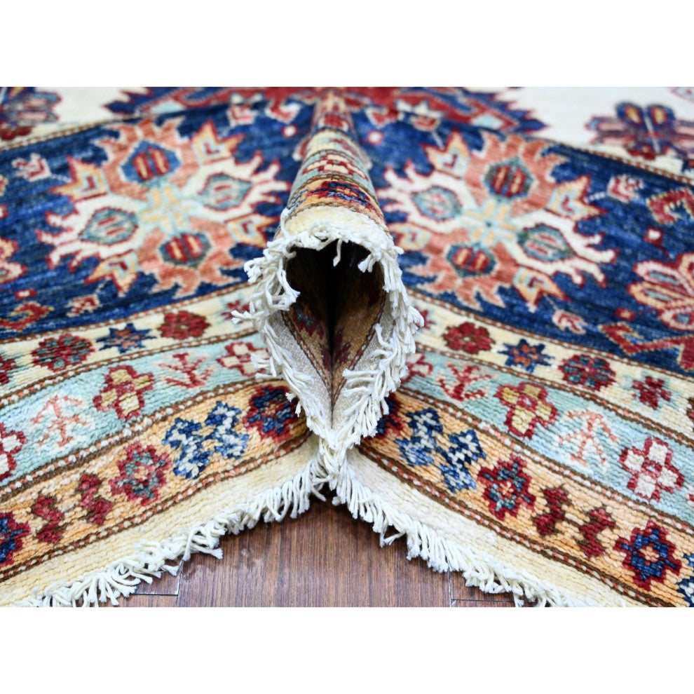 Smoky White Wool Hand Knotted Afghan Super Kazak Oriental Rug, 9'2"x11'10"