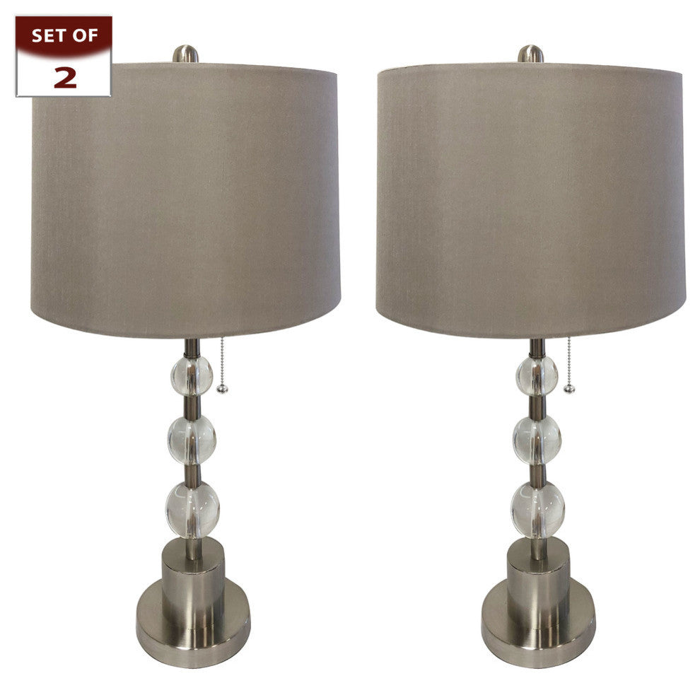 Set of 2 Brush Nickel Lamp with Crystal Ball Accents and Gray Shallow Drum Shade