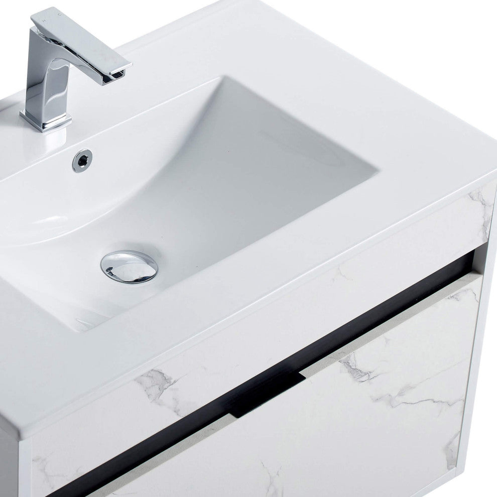 Alpine Wall Mount Bathroom Vanity and Sink, White Marble, 30"