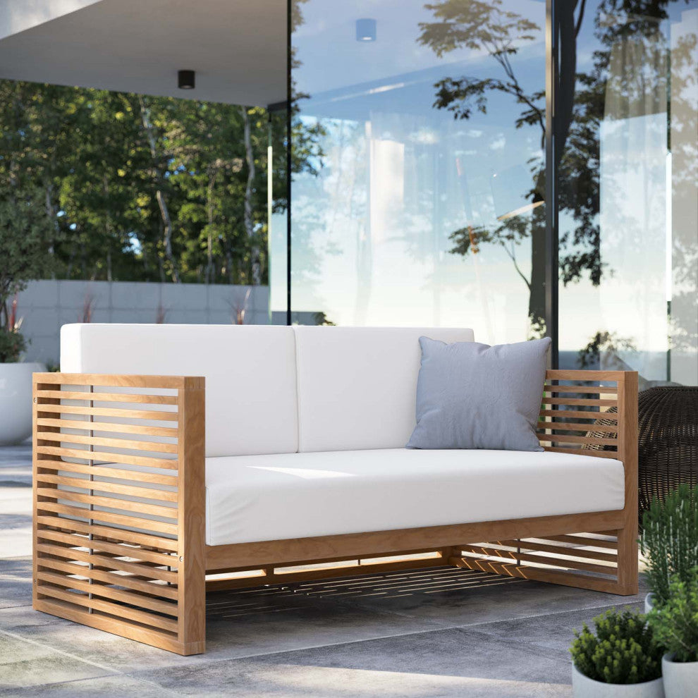 Lounge Loveseat Sofa, White Natural, Teak Wood, Modern, Outdoor Hospitality