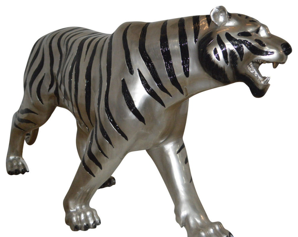 Tiger bronze statue with black and silver finish - Size: 80"L x 15"W x 34"H.