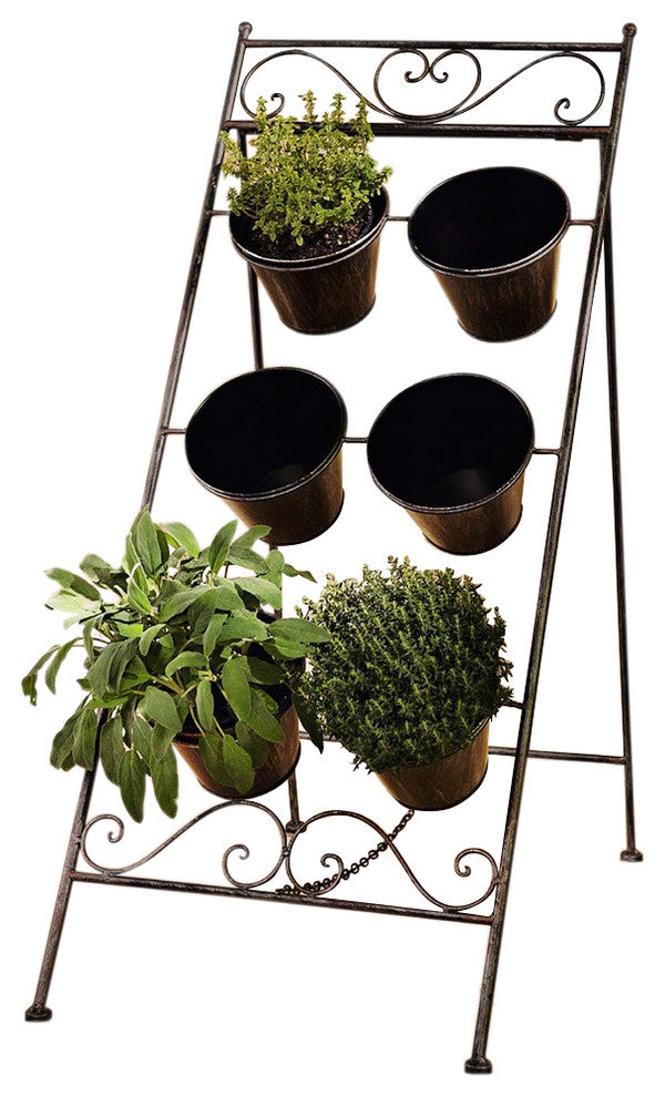 35" Tall Foldable Metal Planter Stand "Povencal" With 6 Metal Pots