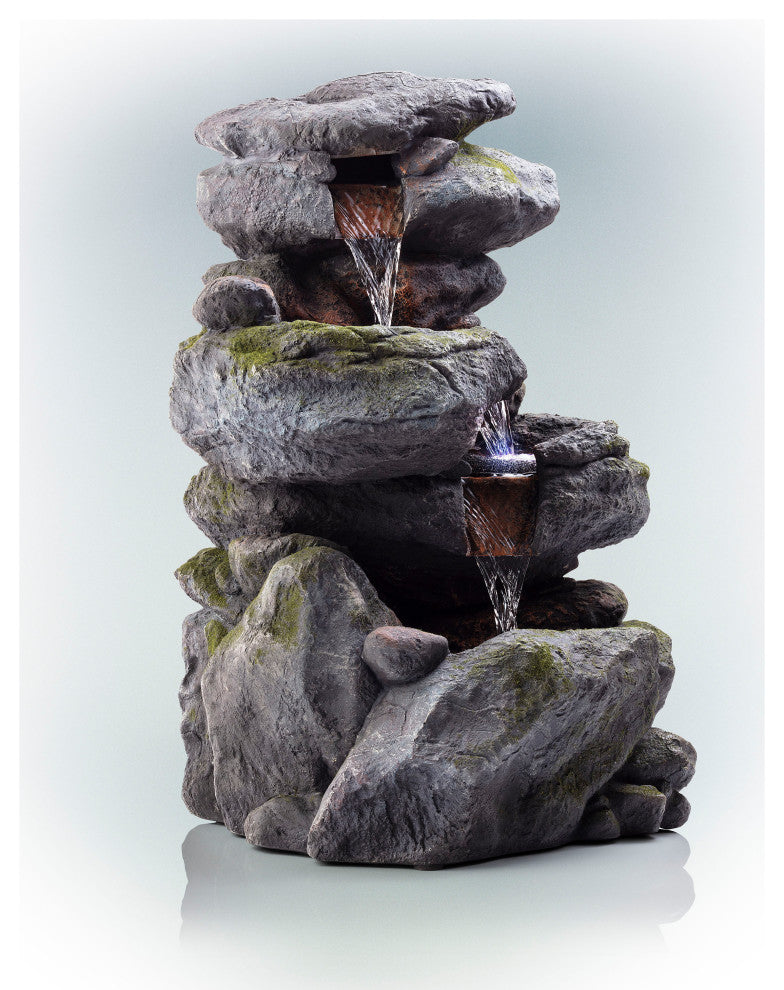 22" Tall Outdoor 3-Tier Rock Waterfall Fountain with LED Lights