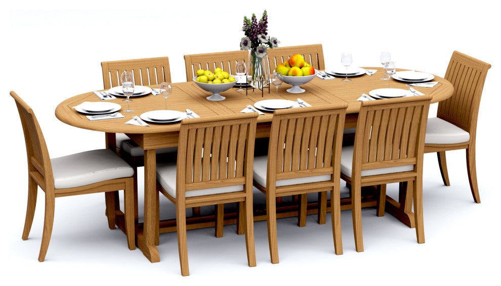 9-Piece Outdoor Teak Dining: 94" Masc Oval Extn Table, 8 Lagos Armless Chairs