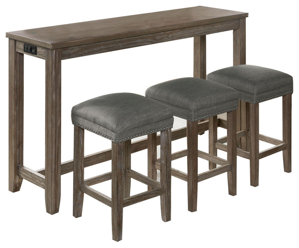 4 Piece Counter Height Table Set with 3 Stools, Wire Brushed Gray