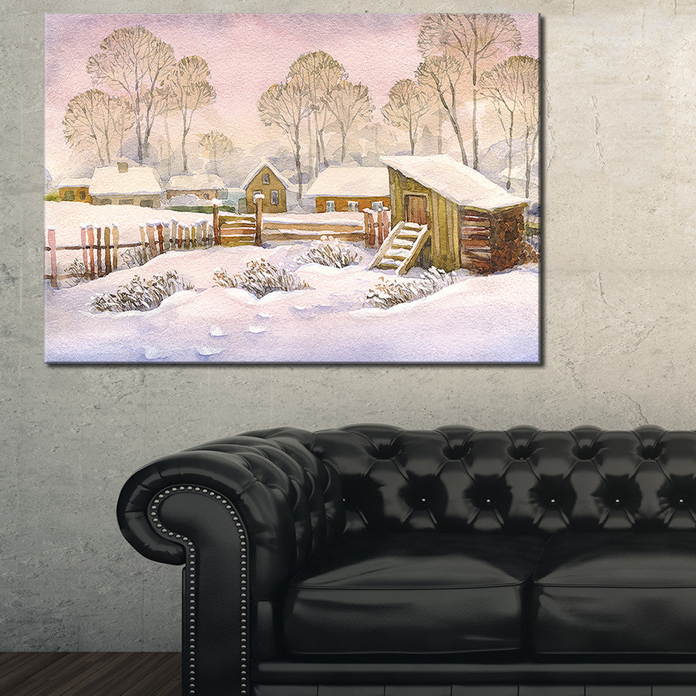 "Old Winter Village" Landscape Watercolor Canvas Print, 40"x30"