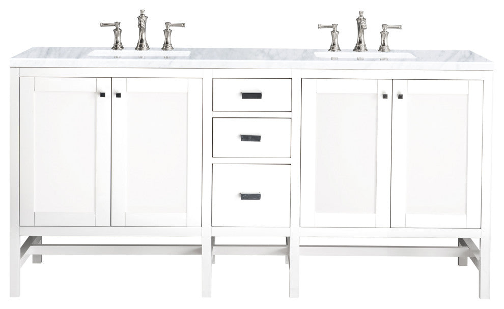 Addison 72" Double Vanity Cabinet, Glossy White, Carrara Marble, Three-Hole