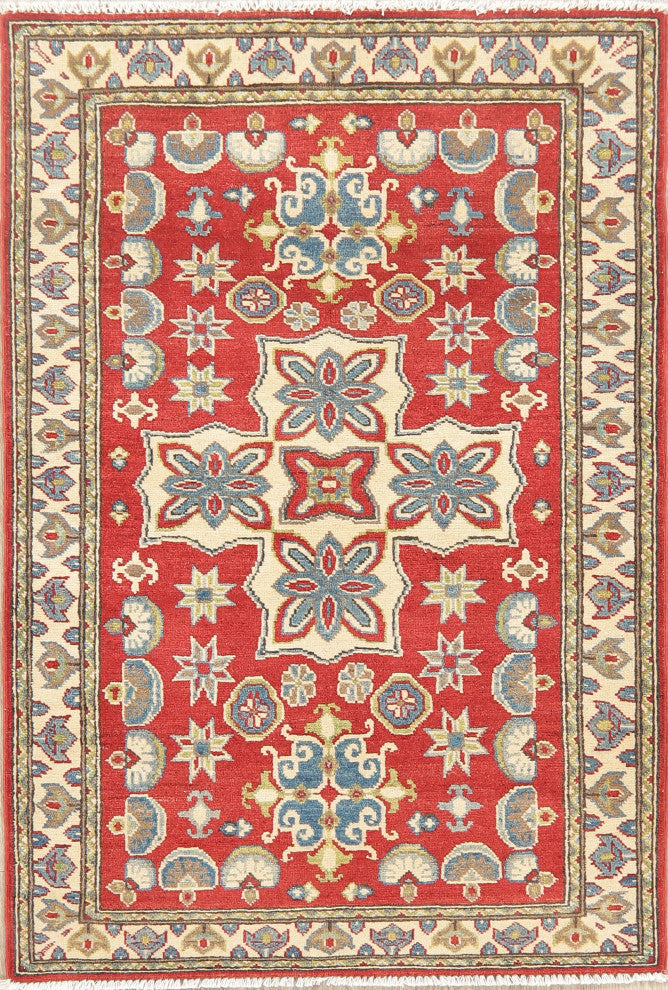 Kazak Oriental Traditional Hand Made Pakistani Area Rug, Red, 4'11"x3'4