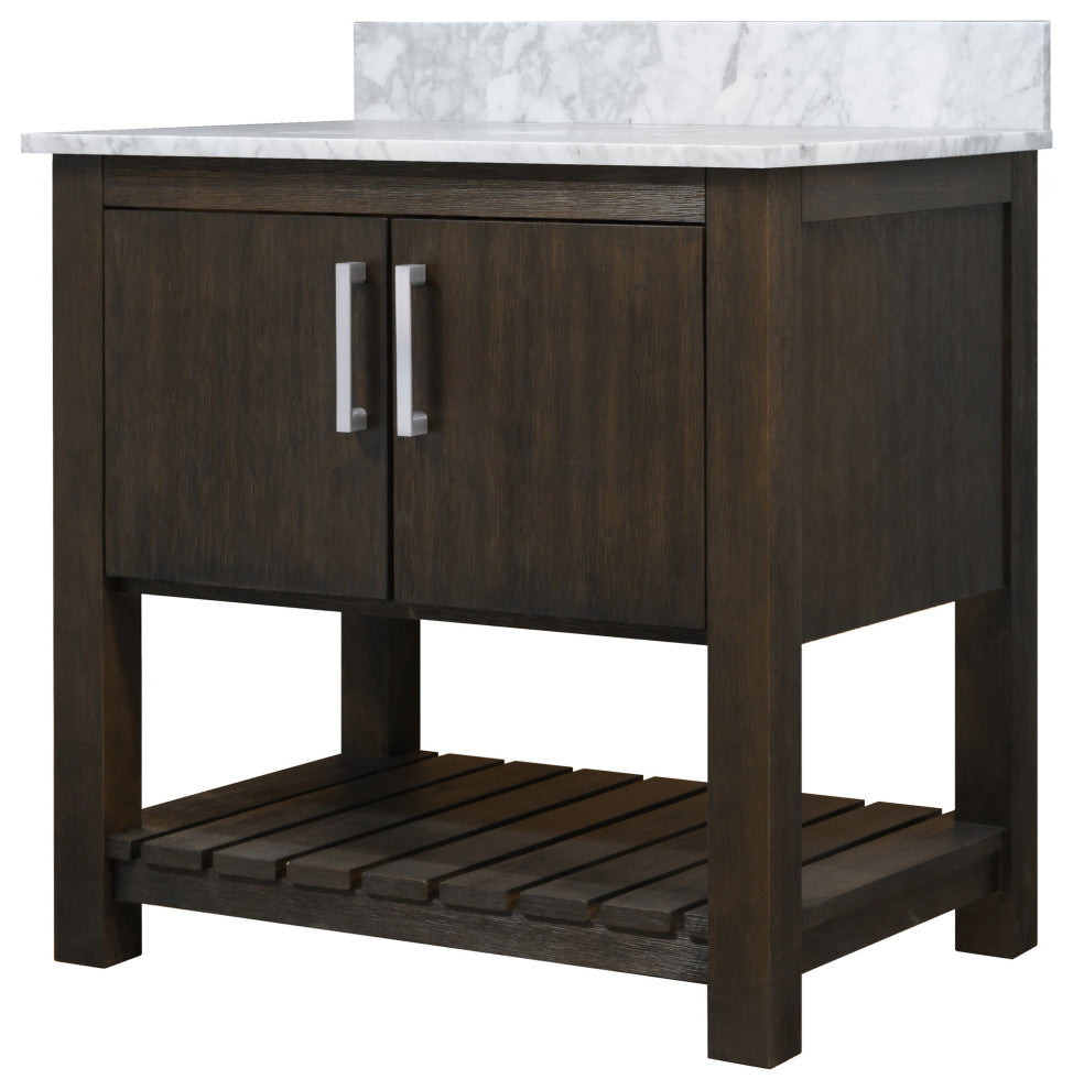 30" Vanity with Carrara White Marble Counter and BackSplash, Chrome, Without Mirror