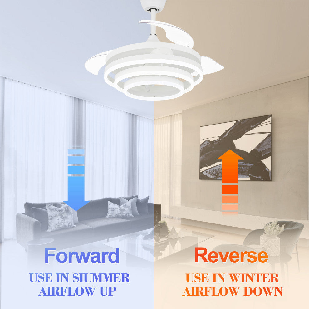 45W Modern Retractable Ceiling Fan Reversible 6-Speed with Remote Control, White, 42