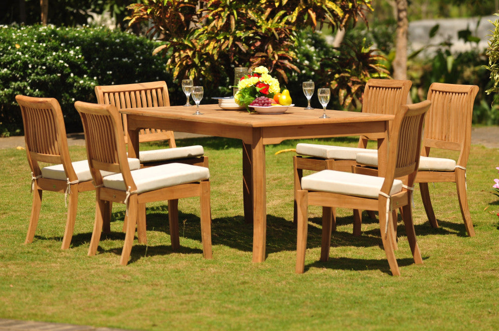 9-Piece Outdoor Teak Dining Set: 83" Rect Table, 8 Arbor Stacking Armless Chairs