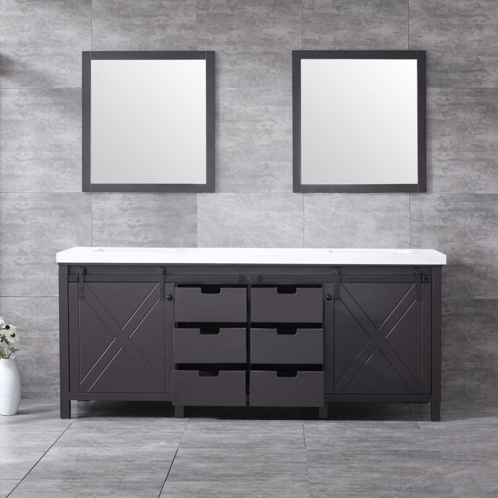 Marsyas 80" Brown Double Vanity Cabinet Quartz Top Sinks, 30" Wall Mirrors