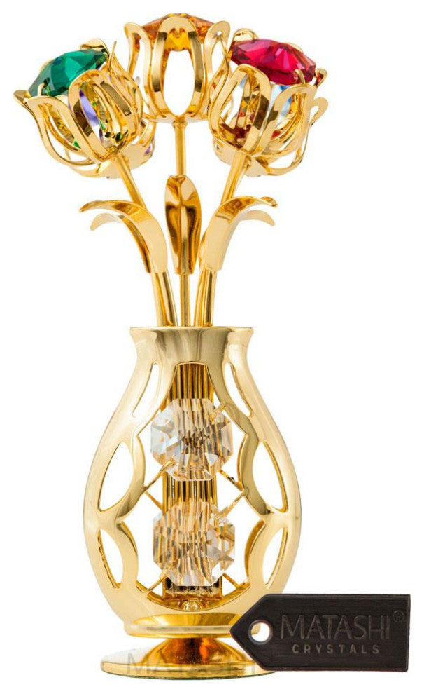 Matashi 24K Gold Plated Flowers Bouquet and Vase, Colorful Crystals Home Decor