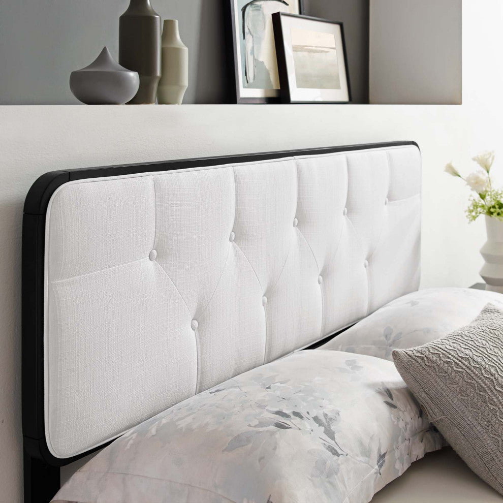 Tufted Headboard, Queen Size, Wood, Fabric, Black White, Modern Mid-Century