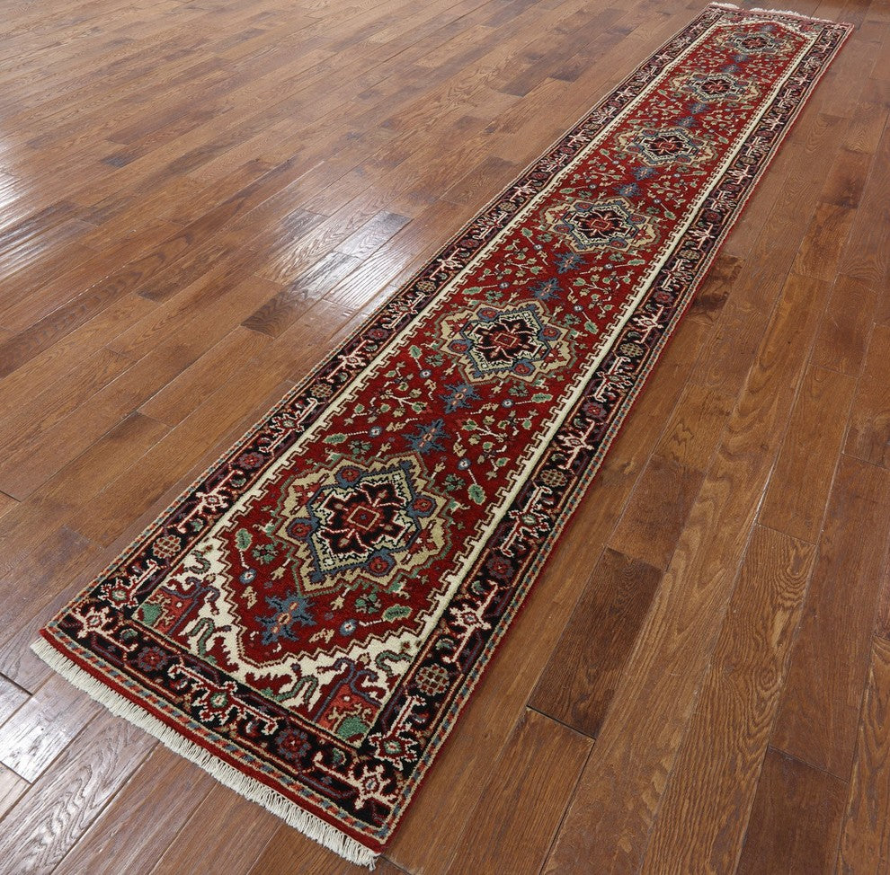 Unique Oriental 3'x16' Heriz Serapi Floral Red Hand Kotted Wool Runner H9241