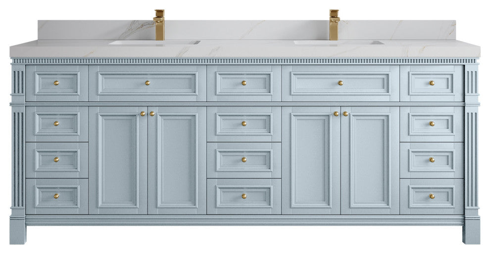 Paris 84" Double Sink Bathroom Vanity, Blue Heather 2" Calacatta Sienna