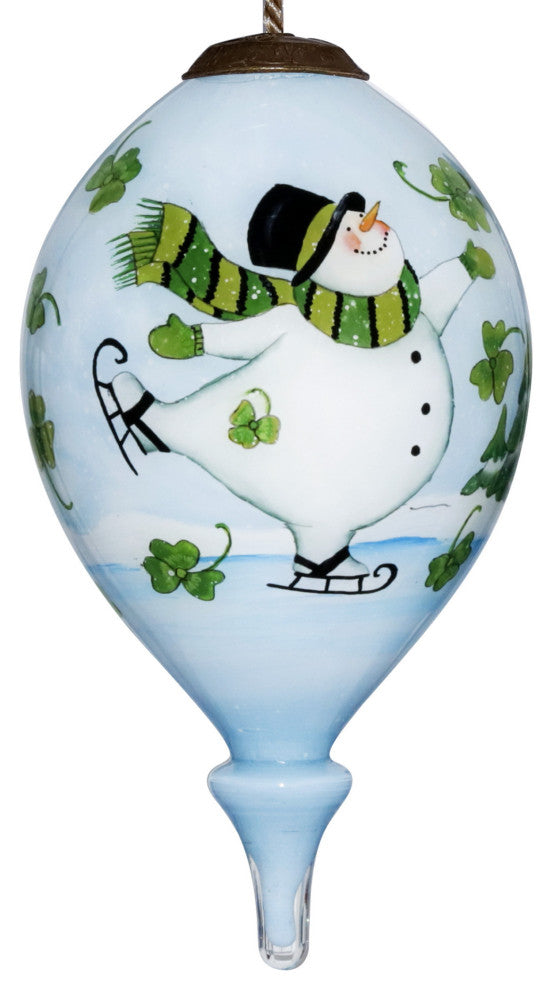 Ice Skating Shamrock Snowman Hand Painted Mouth Blown Glass Ornament