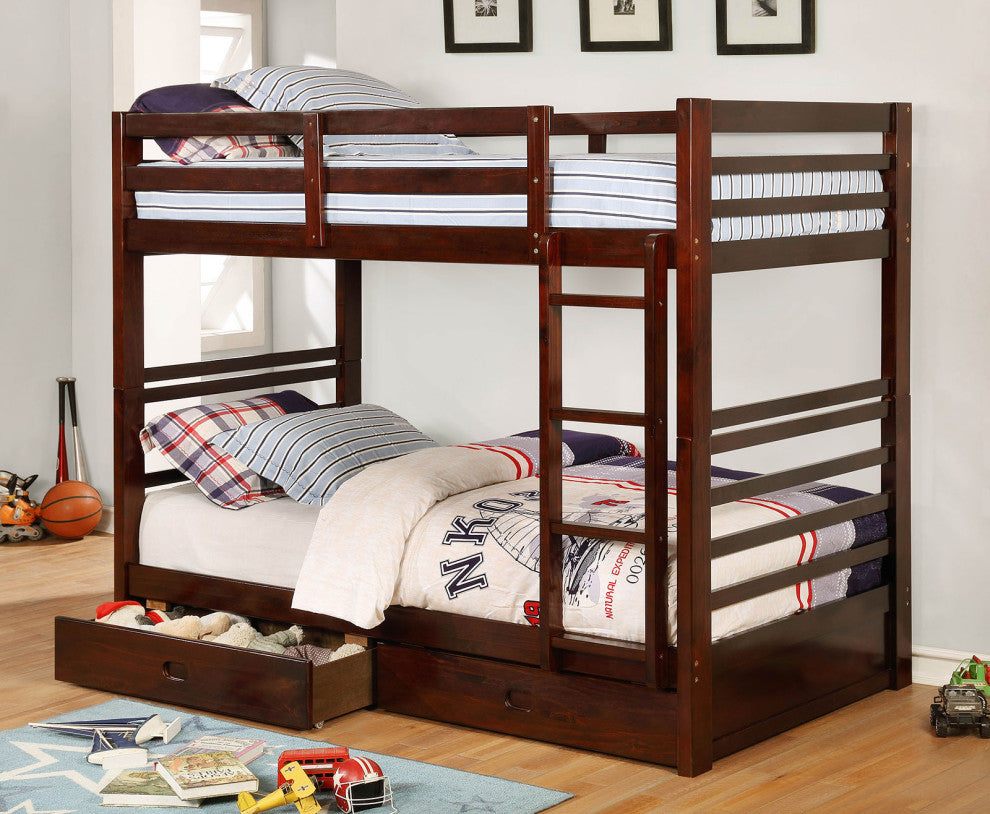 Wooden Twin Over Twin Bunk Bed, Dark Walnut