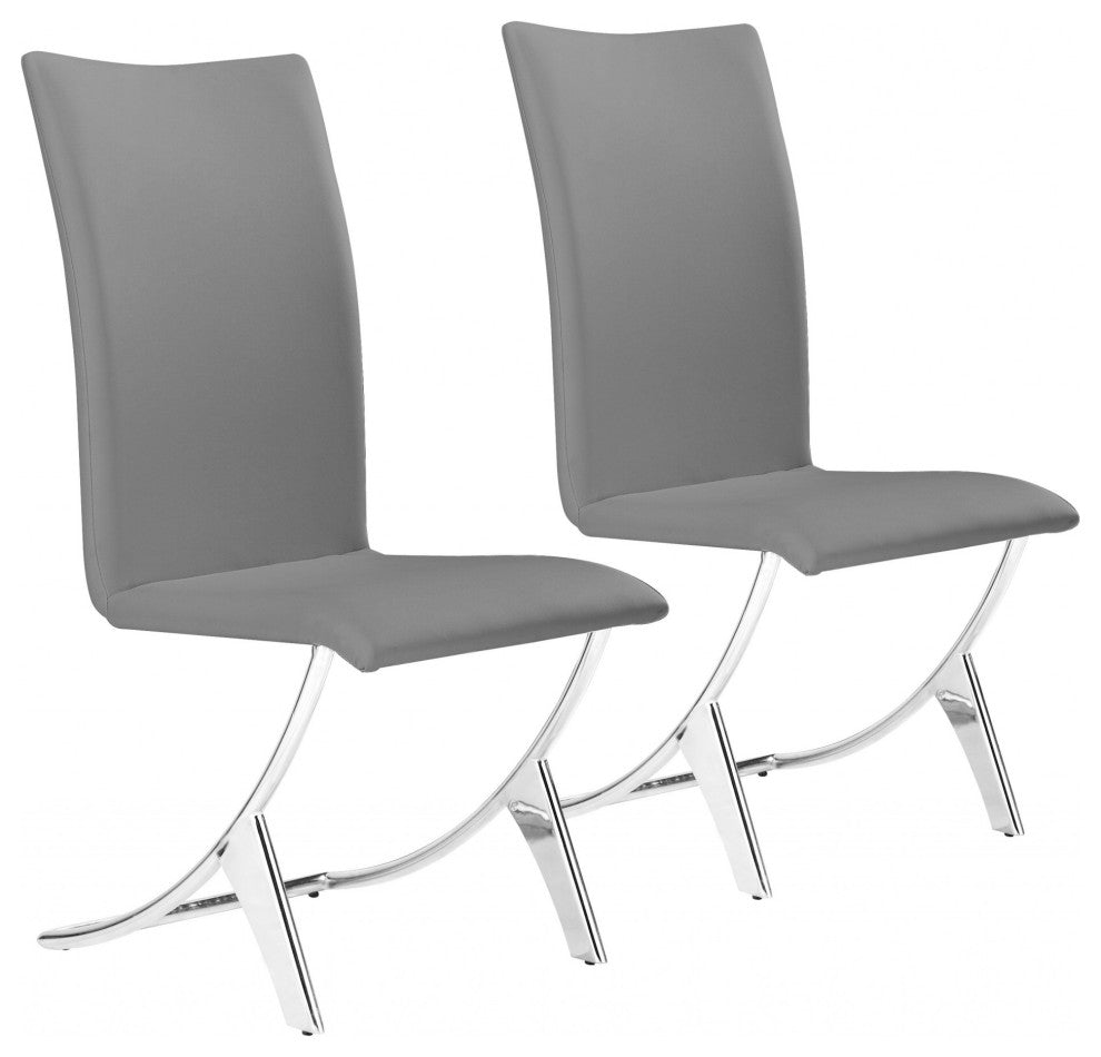Set of Two Contempo Slim Gray Faux Leather and Stainless Dining Chairs