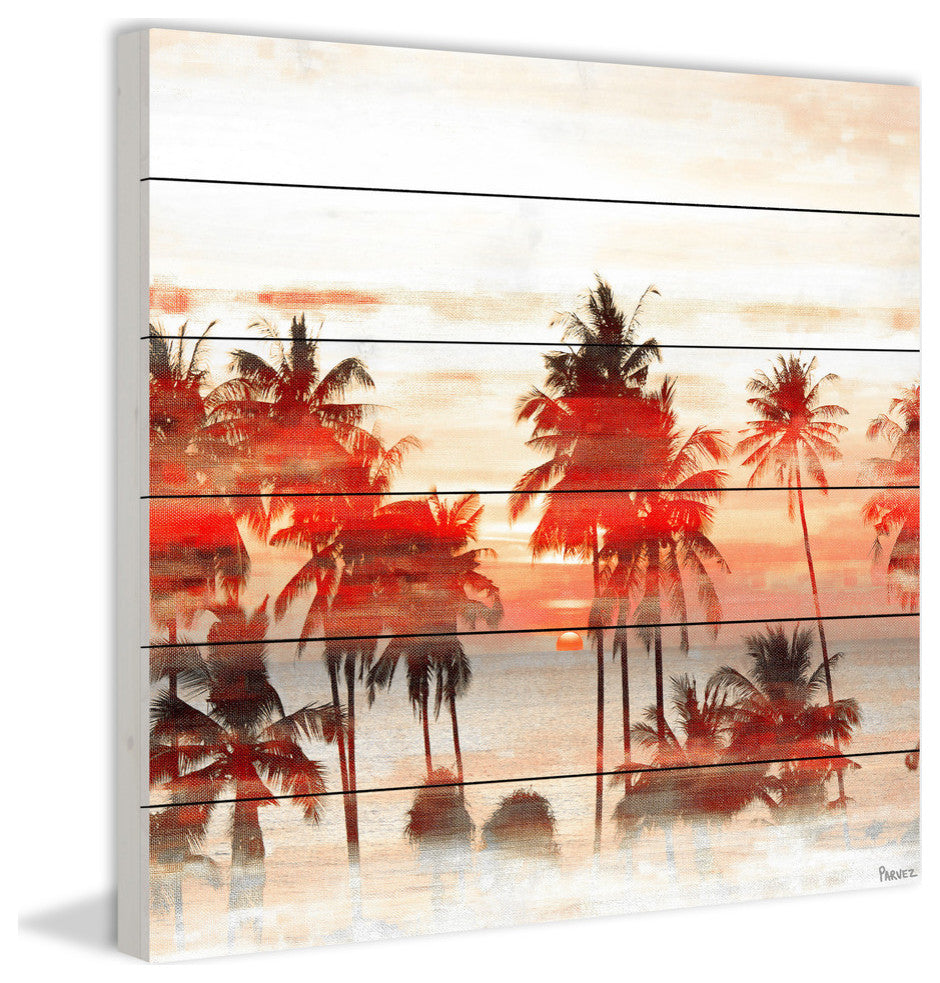 "Glowing Red Palms" Painting Print on White Wood, 18"x18"
