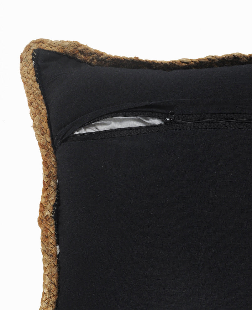 Black and White Striped Jute Bordered Throw Pillow