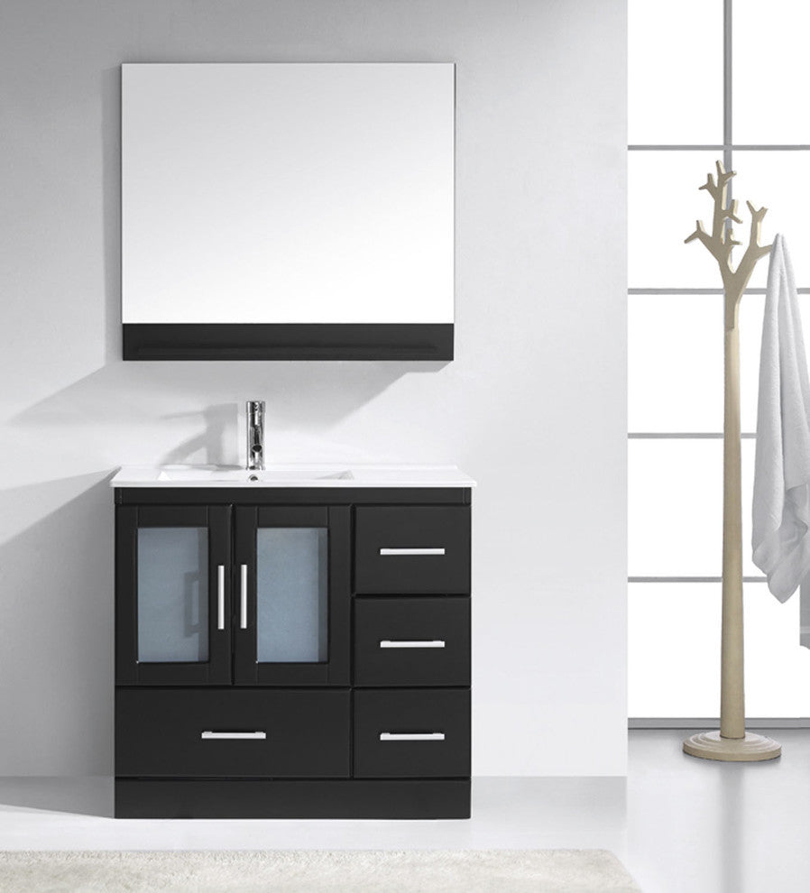 Virtu Zola 36" Single Bathroom Vanity, Espresso, Polished Chrome Faucet, Mirror