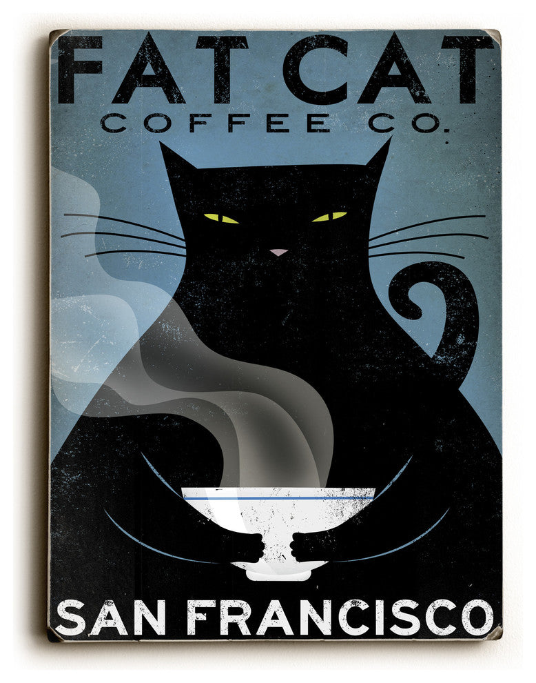 "Cat Coffee", Solid Wood Wall Decor By Ryan Fowler, 9"x12"