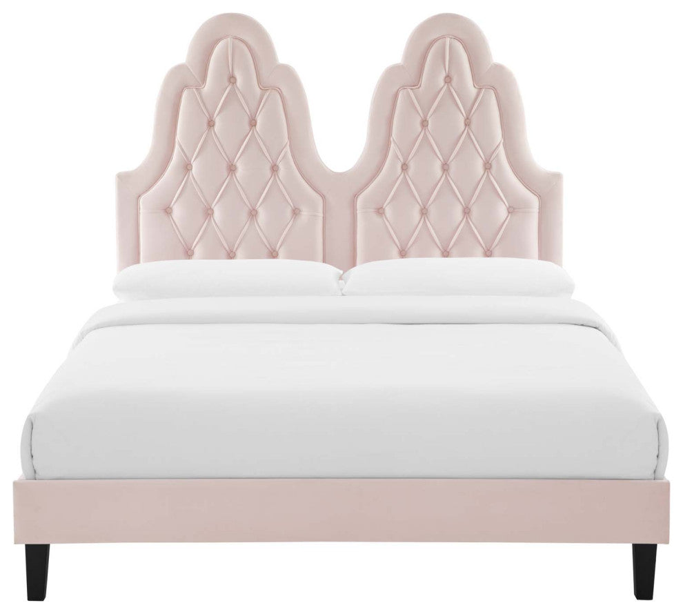 Tufted Platform Bed Frame, Twin Size, Velvet, Pink, Modern Contemporary, Bedroom