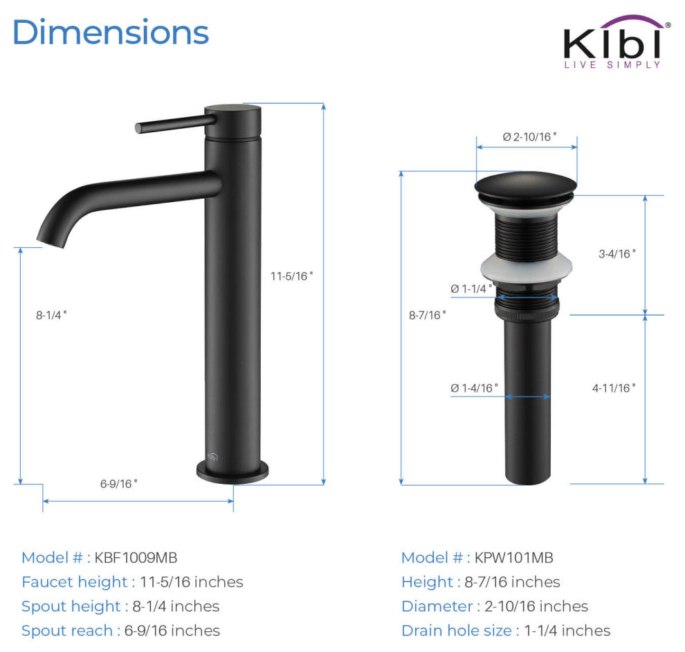 Circular Brass Single Handle Bathroom Faucet KBF1009, Matte Black, With Drain